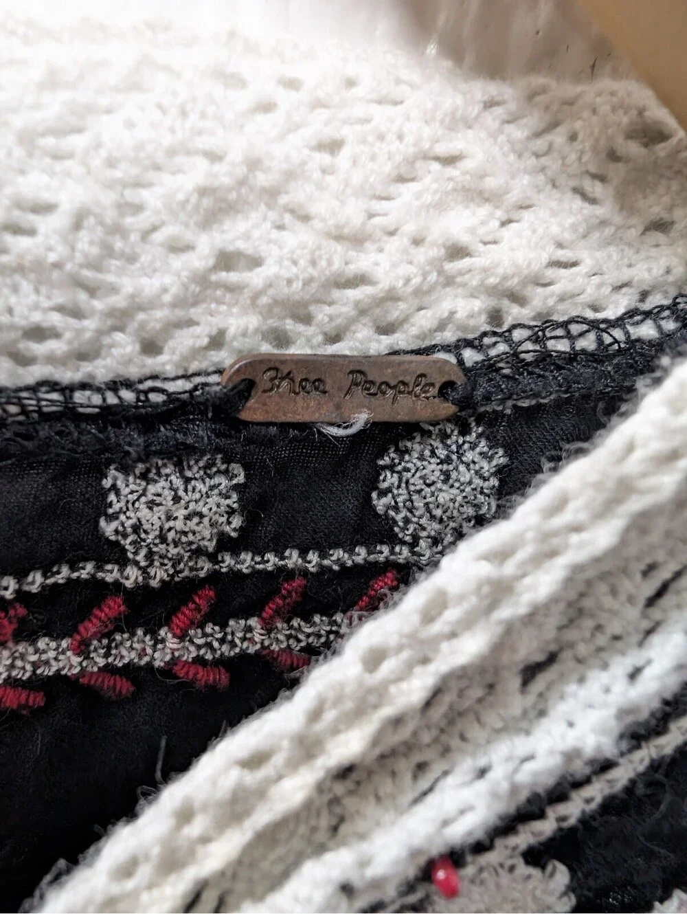 Free People Cozy On Up Embroidered Top Black Combo Boho Folk Western XS/S